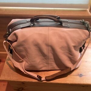 J Jill pink with brown trim, all leather duffle bag.